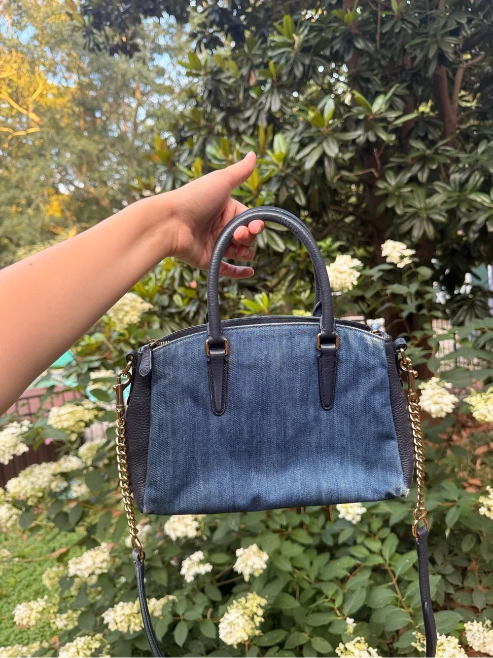 Coach Blue Denim Satchel with Navy Leather Trim and Pink Strap